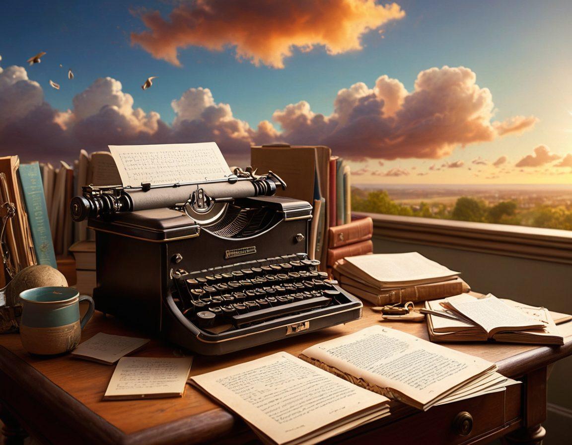 A whimsical blend of a writer's desk, overflowing with books and notes, intertwined with dreamlike clouds filled with fictional characters and scenes coming to life. In the background, a path leading from scribbled fanfiction pages to a vibrant world of original narratives, symbolizing the journey of crafting stories. Light emanates from a vintage typewriter, casting inspiring shadows. A palette of rich colors to invoke creativity and imagination. super-realistic. vibrant colors. 3D.