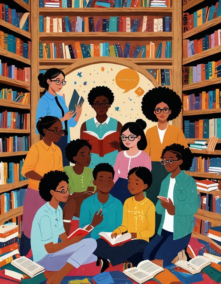A dynamic collage showcasing diverse characters from various story arcs engaging in lively discussions. Include visual symbols like books, quills, and speech bubbles to represent storytelling and character development. Vibrant colors should convey the energy of a literary community, with a background resembling a cozy library setting. The characters should be of different ethnicities, ages, and styles to reflect inclusivity. whimsical illustration. vibrant colors. soft focus.
