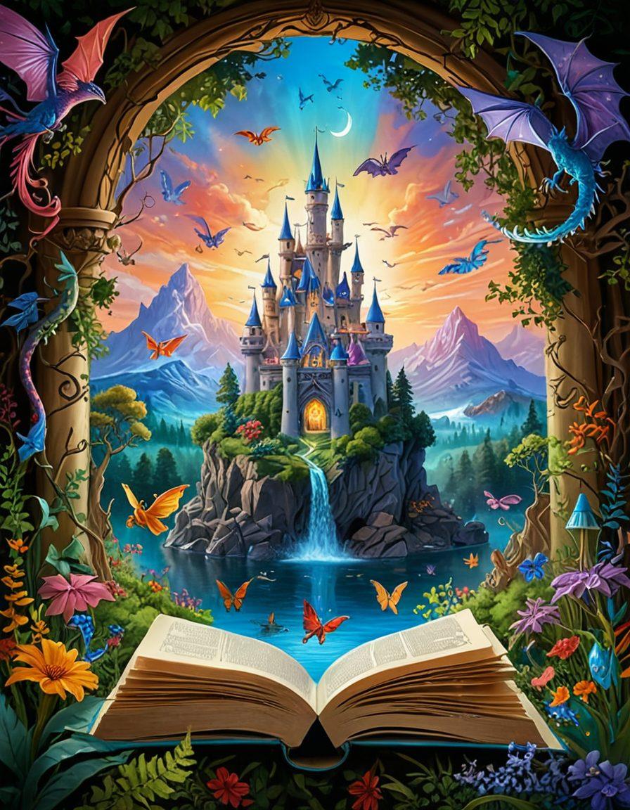 A whimsical scene depicting an open book with colorful, swirling stories and characters bursting out, flowing into a dreamy landscape filled with fantasy elements like castles, dragons, and magical forests. Ethereal light illuminating the pages, representing inspiration and imagination. The setting should evoke a sense of wonder and creativity, capturing the essence of storytelling. vibrant colors. painting.